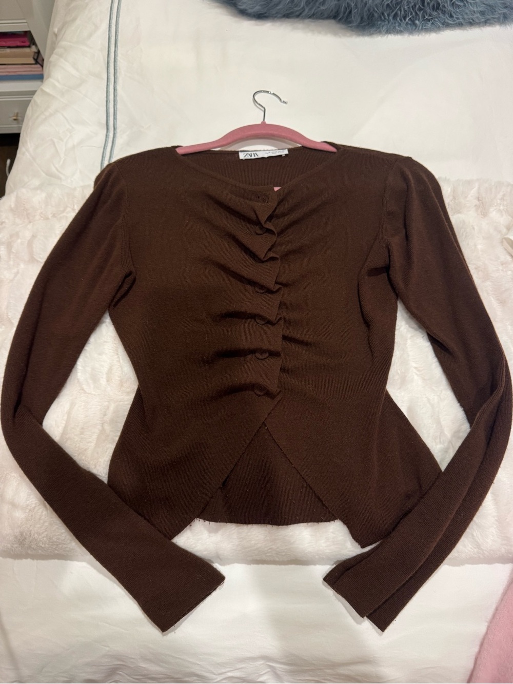 Zara Chocolate Brown Long Sleeve Ruched Front Knit Top